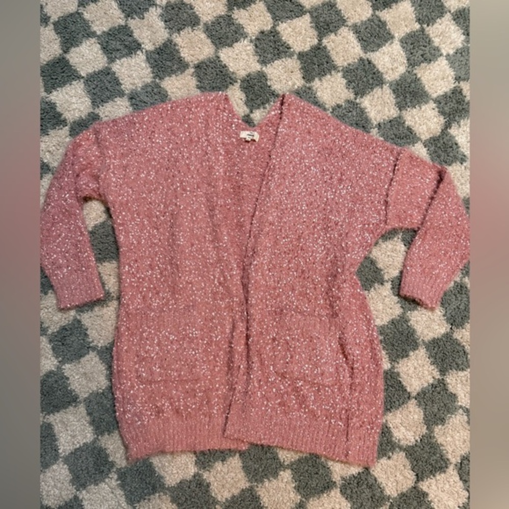 ENTRO Women's Pink Fuzzy Open Front Long Sweater Cardigan Warm Cozy Size Medium